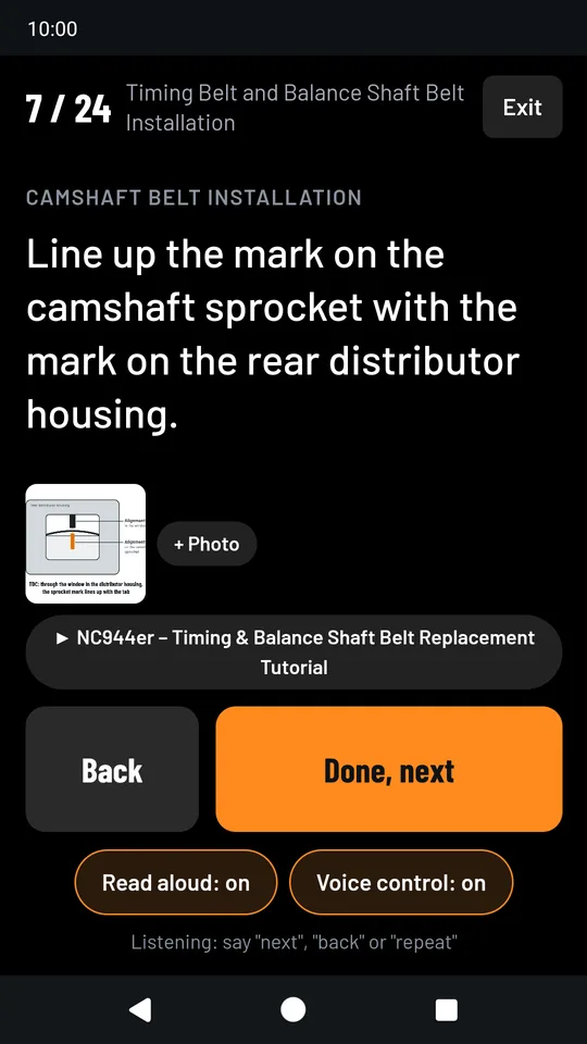 Garage mode: one big step at a time, read aloud, with voice control