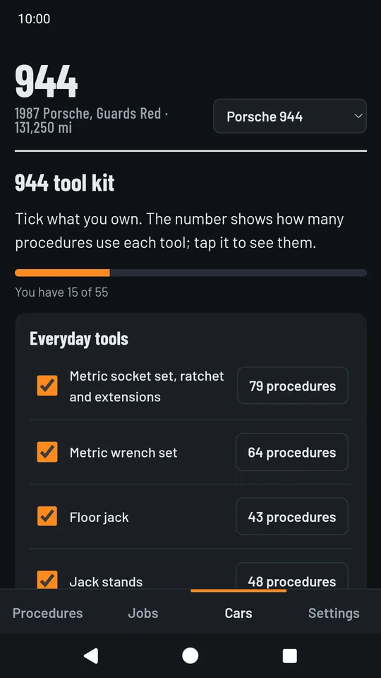 The 944 tool kit: socket, wrench and special-tool sizes